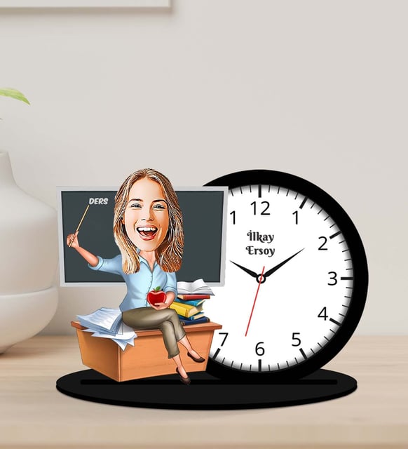Kişiye Özel Karikatürlü Kadın Öğretmen Tasarımlı Ahşap Biblo Masa Saati