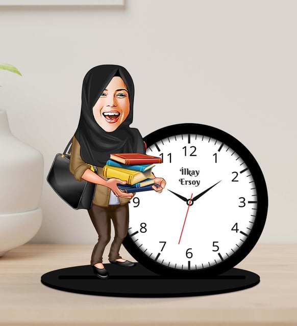 Kişiye Özel Karikatürlü Kadın Öğretmen Tasarımlı Ahşap Biblo Masa Saati