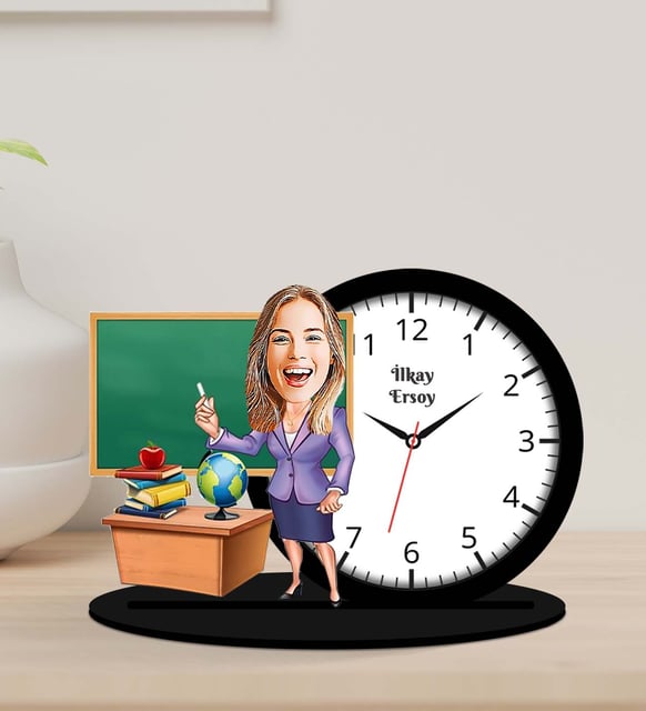 Kişiye Özel Karikatürlü Kadın Öğretmen Tasarımlı Ahşap Biblo Masa Saati