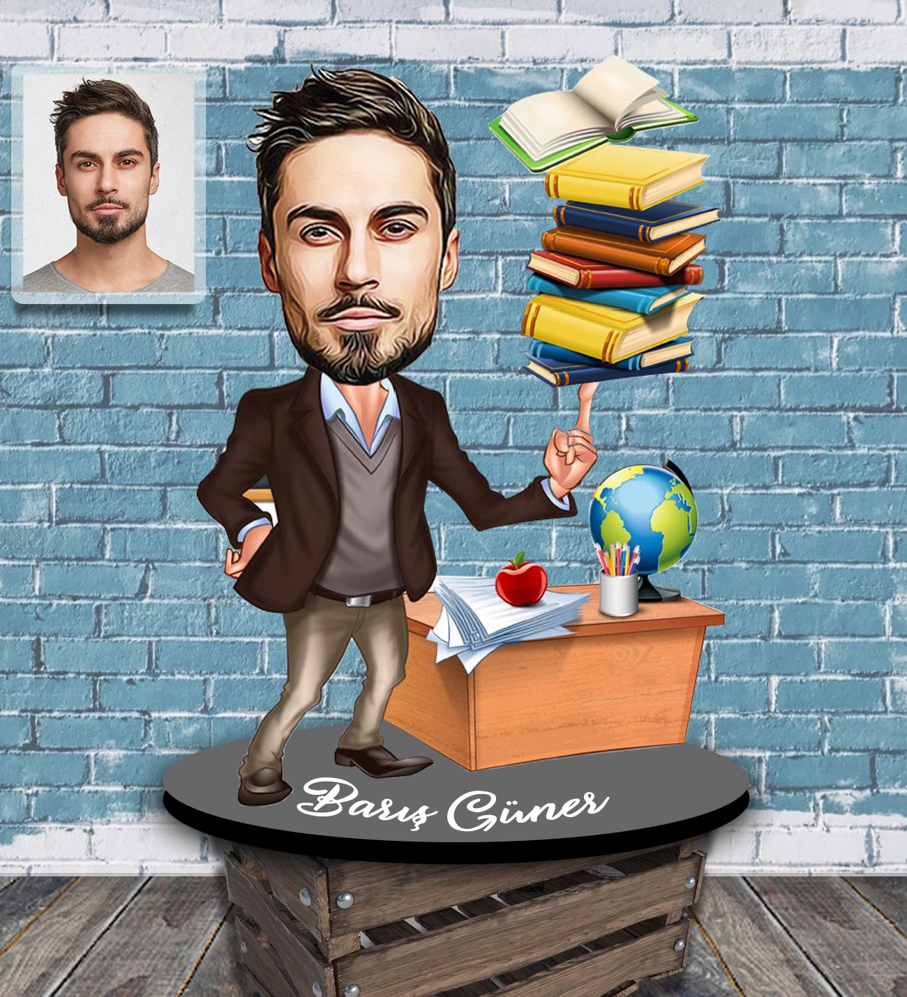 Kişiye Özel Karikatürlü Erkek Öğretmen Tasarımlı Ahşap Biblo