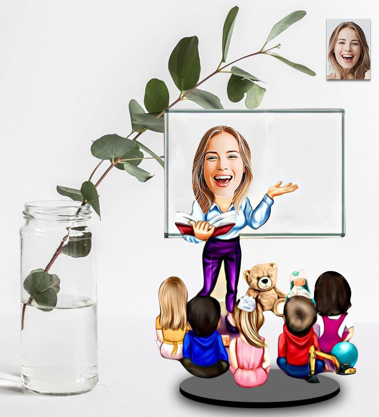Kişiye Özel Karikatürlü Kadın Öğretmen Tasarımlı Ahşap Biblo