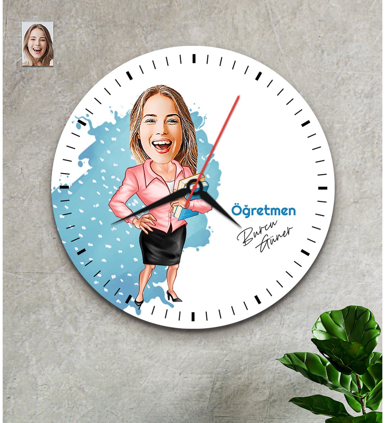 Kişiye Özel Öğretmenler Günü Hediyesi Karikatür Saat Kadın Model