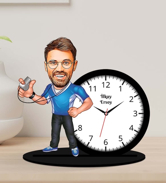 Kişiye Özel Karikatürlü Erkek Öğretmen Tasarımlı Ahşap Biblo Masa Saati