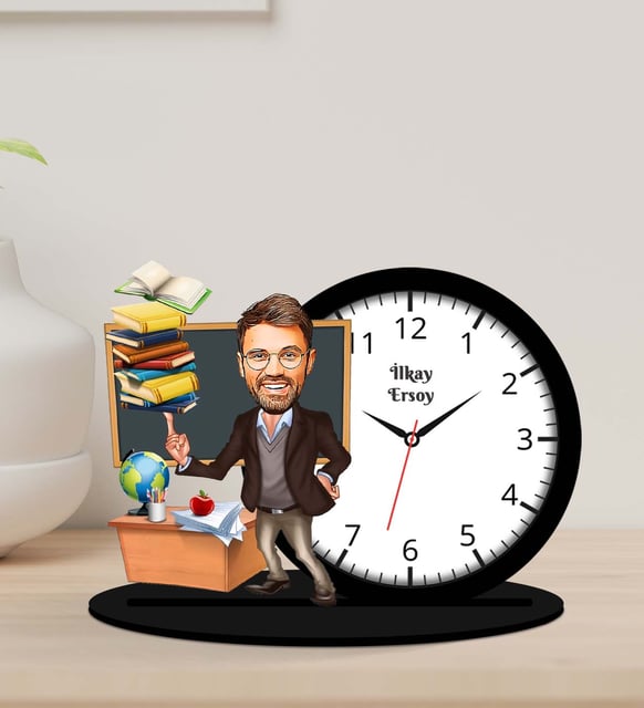 Kişiye Özel Karikatürlü Erkek Öğretmen Tasarımlı Ahşap Biblo Masa Saati