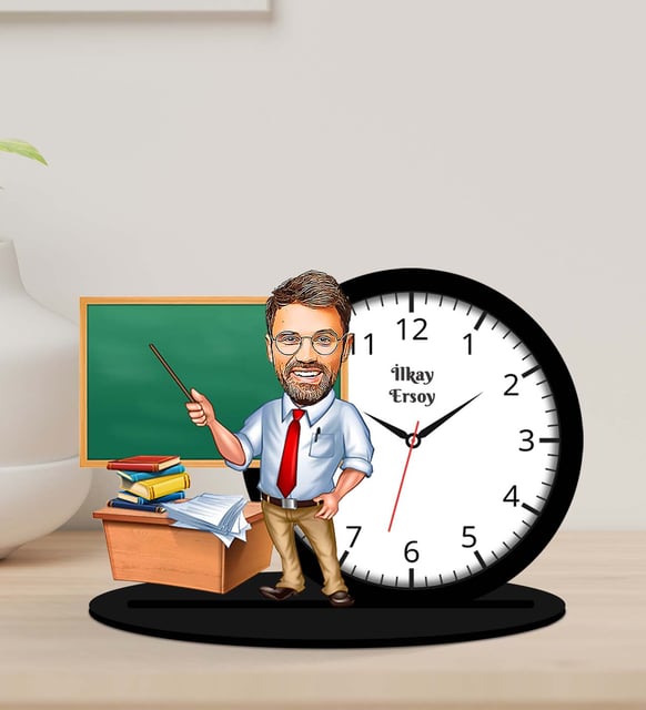 Kişiye Özel Karikatürlü Erkek Öğretmen Tasarımlı Ahşap Biblo Masa Saati