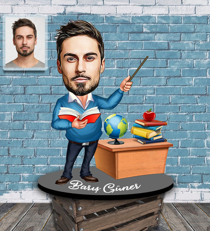 Kişiye Özel Karikatürlü Erkek Öğretmen Tasarımlı Ahşap Biblo