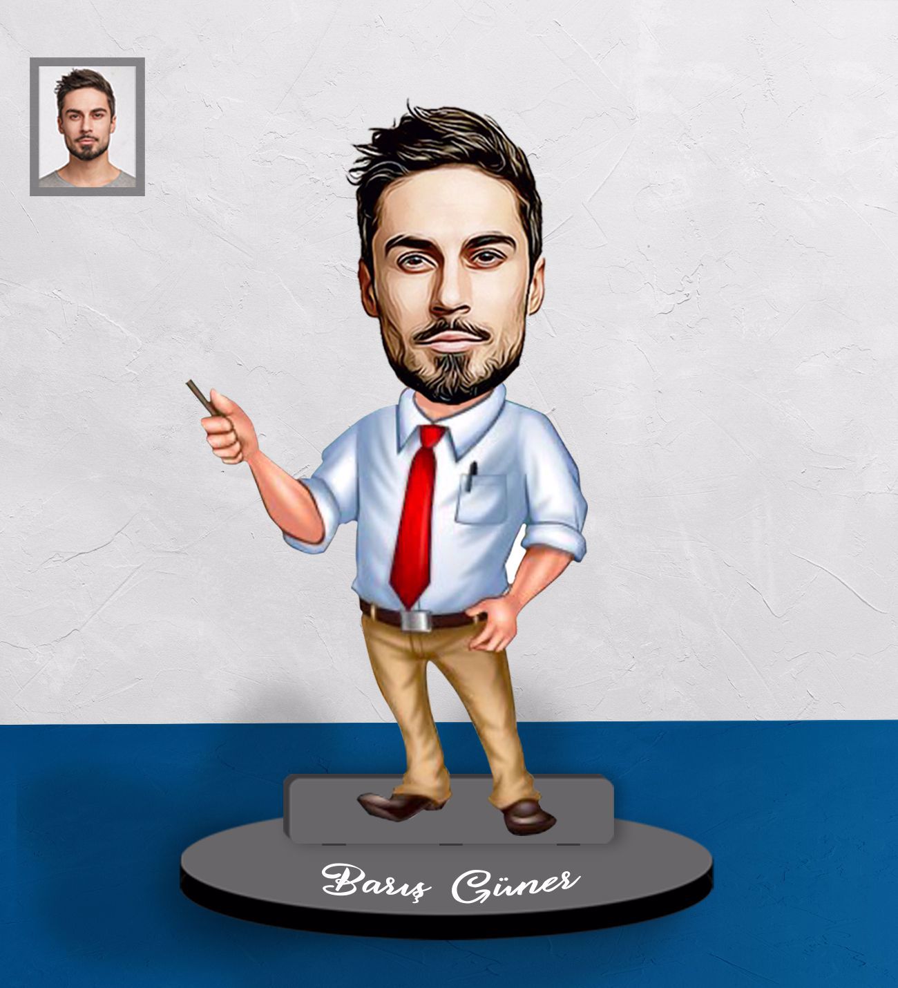 Kişiye Özel Karikatürlü Erkek Öğretmen Tasarımlı Ahşap Biblo