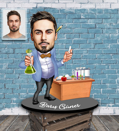 Kişiye Özel Karikatürlü Erkek Öğretmen Tasarımlı Ahşap Biblo