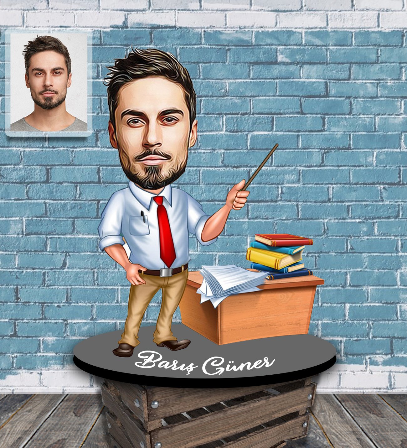 Kişiye Özel Karikatürlü Erkek Öğretmen Tasarımlı Ahşap Biblo