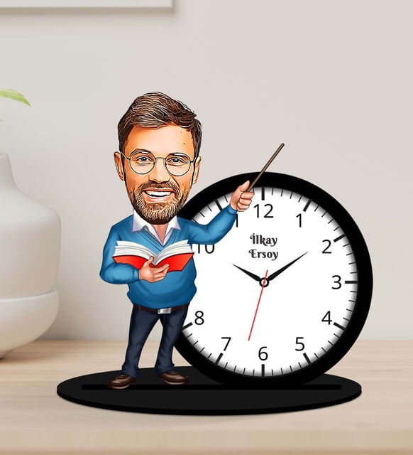 Kişiye Özel Karikatürlü Erkek Öğretmen Tasarımlı Ahşap Biblo Masa Saati